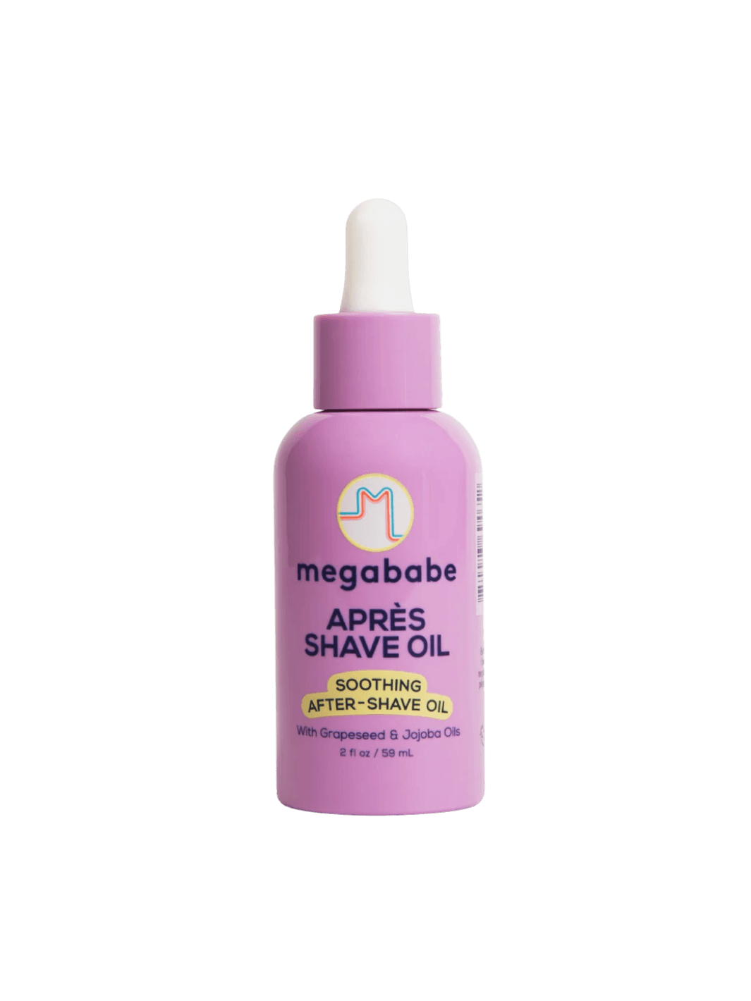 Purple 59ml bottle of Megababe Après Shave Oil on a transparent background | Twentyseven Toronto