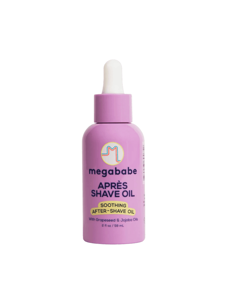 Purple 59ml bottle of Megababe Après Shave Oil on a transparent background | Twentyseven Toronto