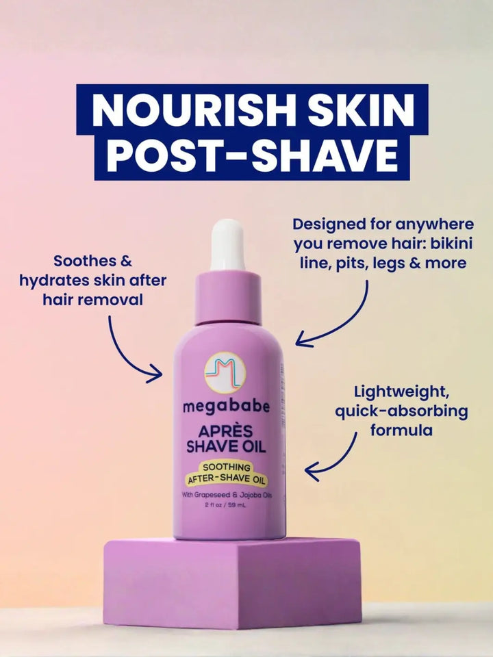 Purple bottle of Megababe Après Shave Oil on a pink and purple gradient background with text about product post-shave benefits | Twentyseven Toronto