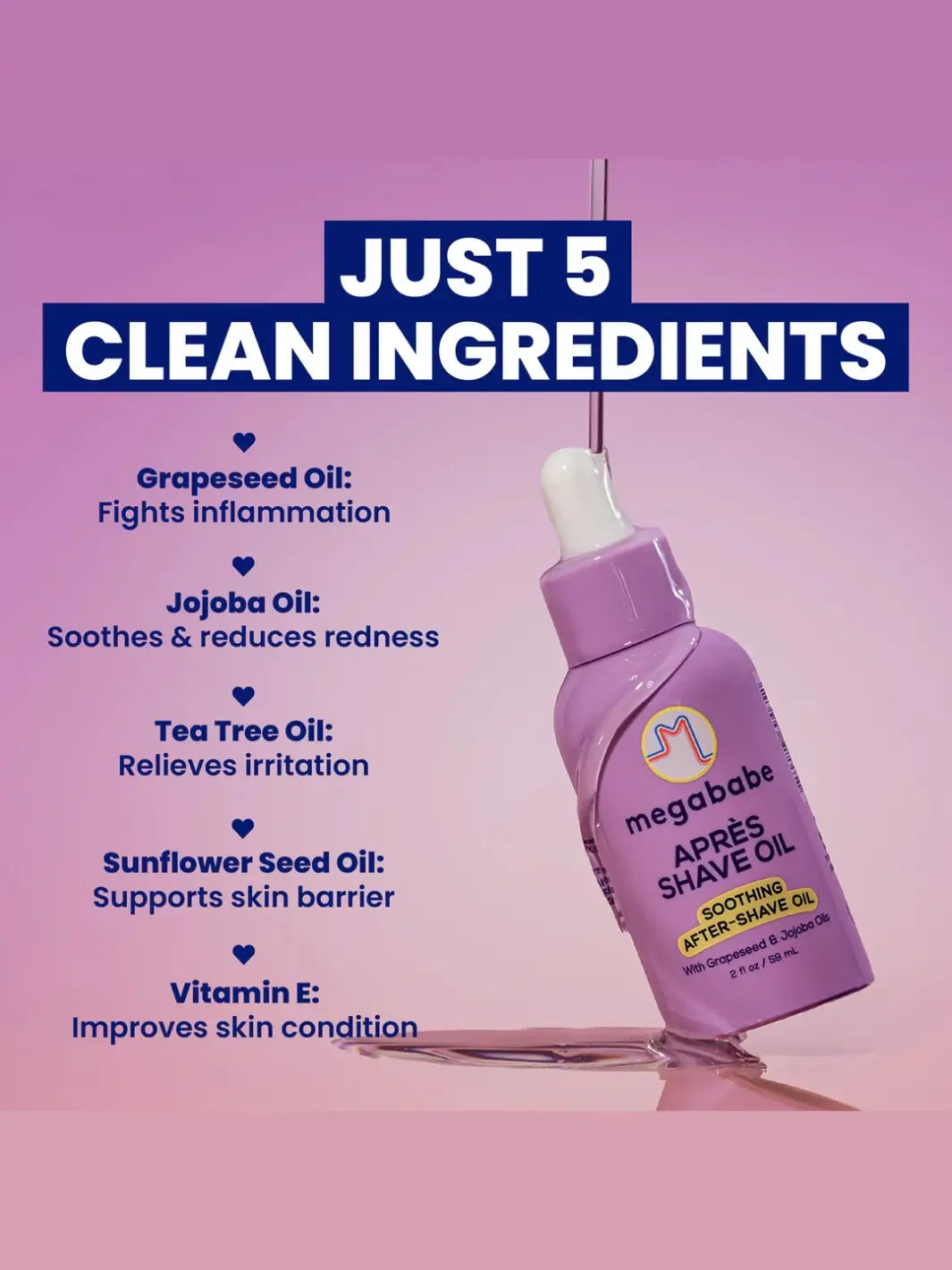 Purple bottle of Megababe After-Shave Oil with a list of clean ingredients on a pink background | Twentyseven Toronto