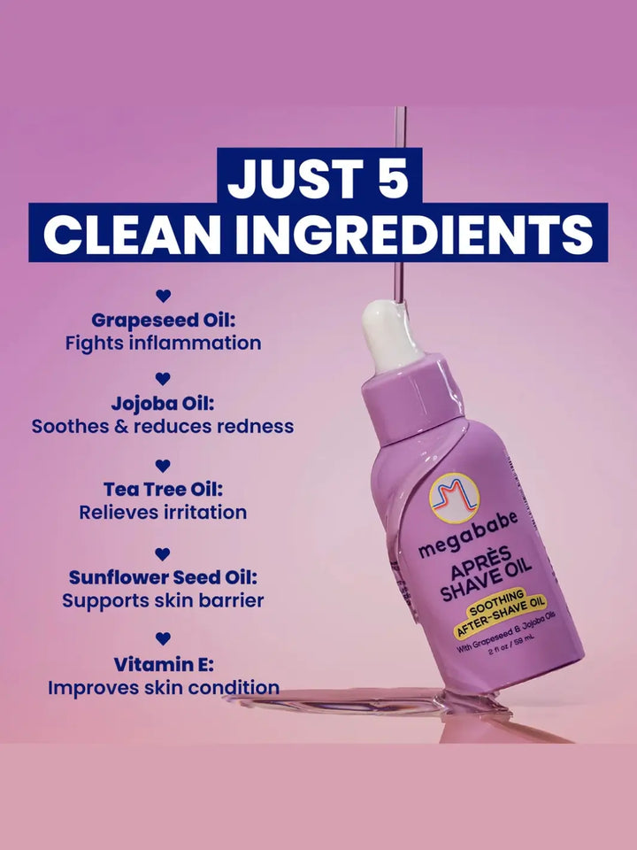 Purple bottle of Megababe After-Shave Oil with a list of clean ingredients on a pink background | Twentyseven Toronto