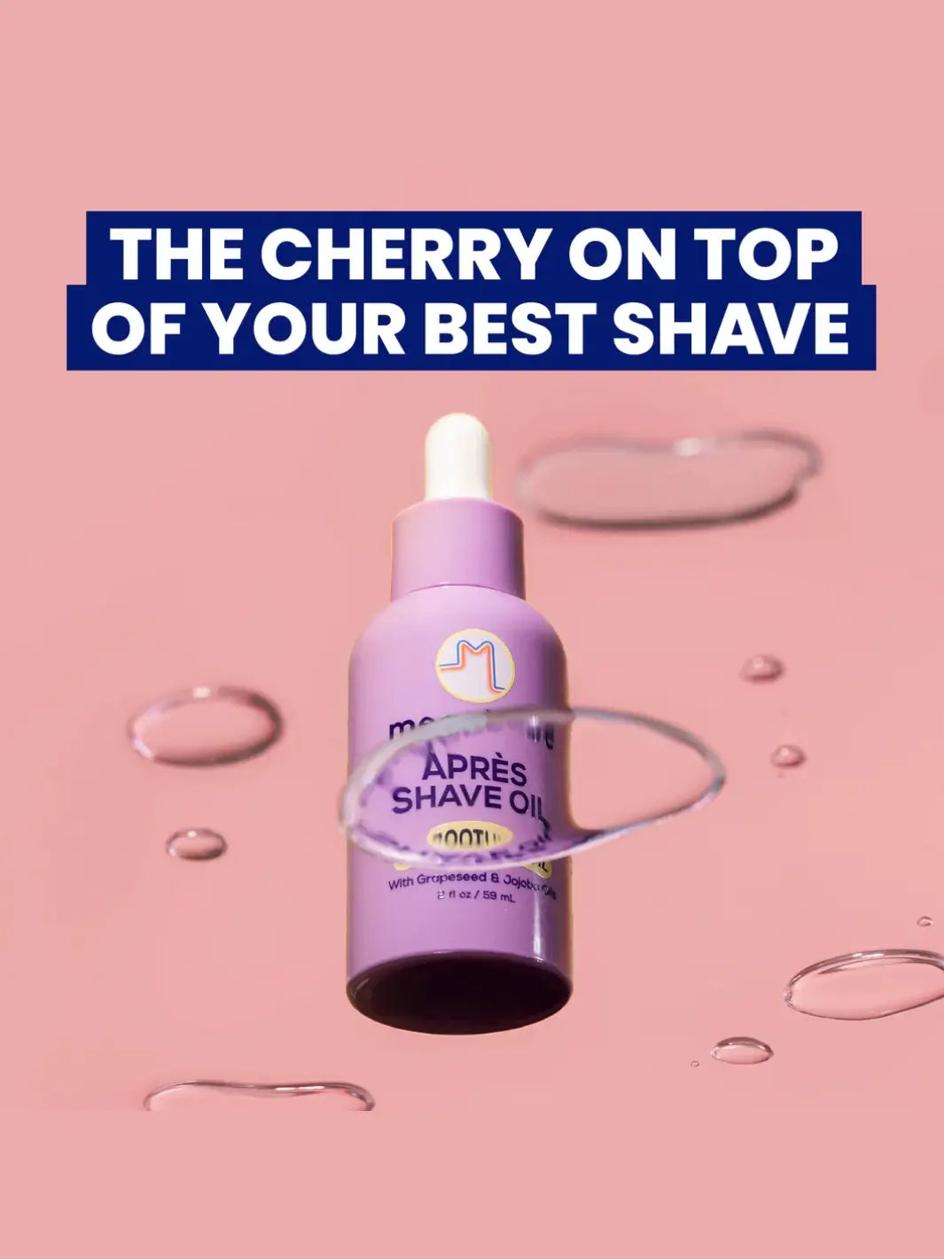 Purple bottle of Megababe Après-Shave Oil with droplets on a pink background, featuring text 'The Cherry On Top Of Your Best Shave' | Twentyseven Toronto