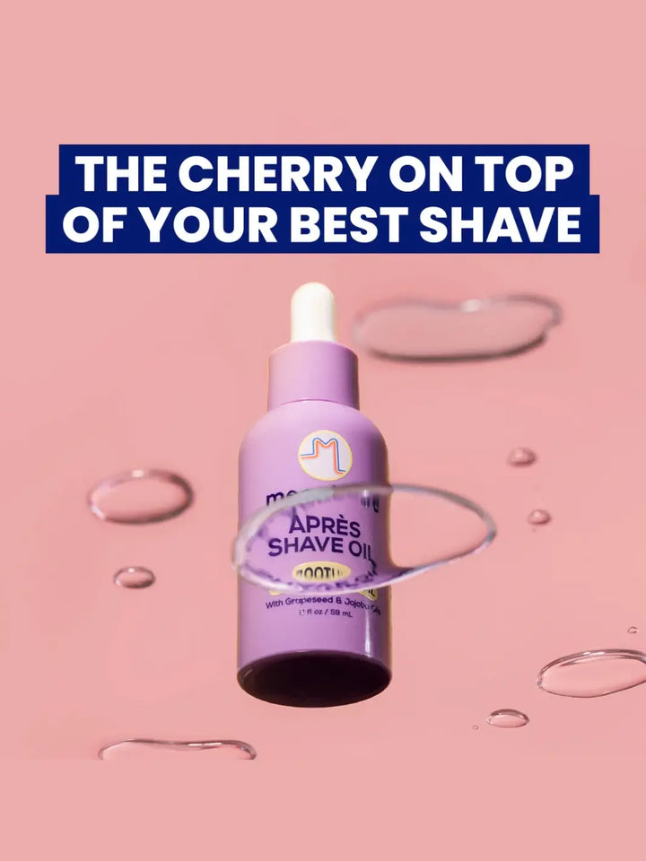 Purple bottle of Megababe Après-Shave Oil with droplets on a pink background, featuring text 'The Cherry On Top Of Your Best Shave' | Twentyseven Toronto