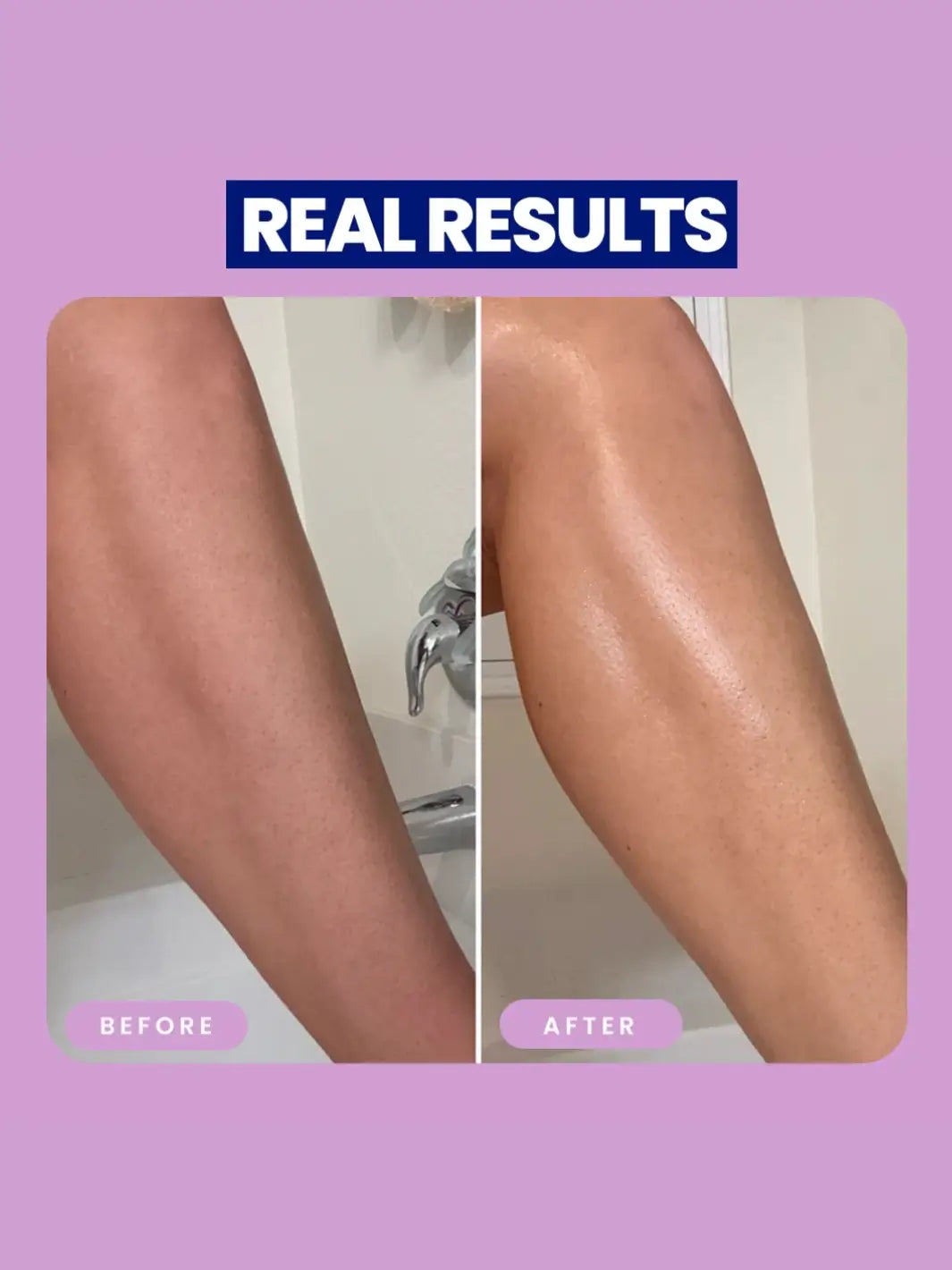 Before and after comparison of legs after using Megababe Apres Shave Soothing After Shave on a purple background with 'Real Results' text | Twentyseven Toronto