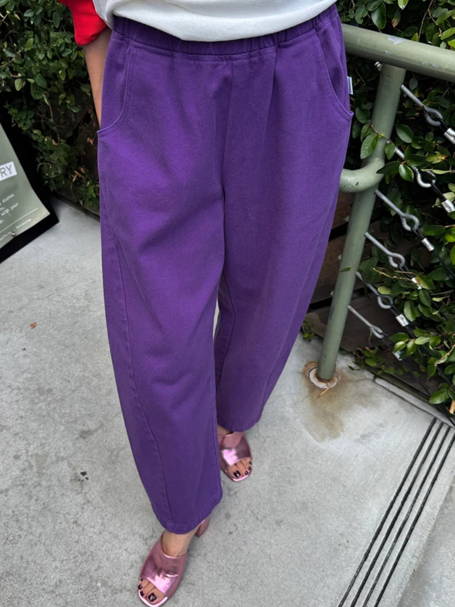 Model wearing Le Bon Shoppe Arc Pants in Eggplant, showing the relaxed tapered fit | Twentyseven Toronto