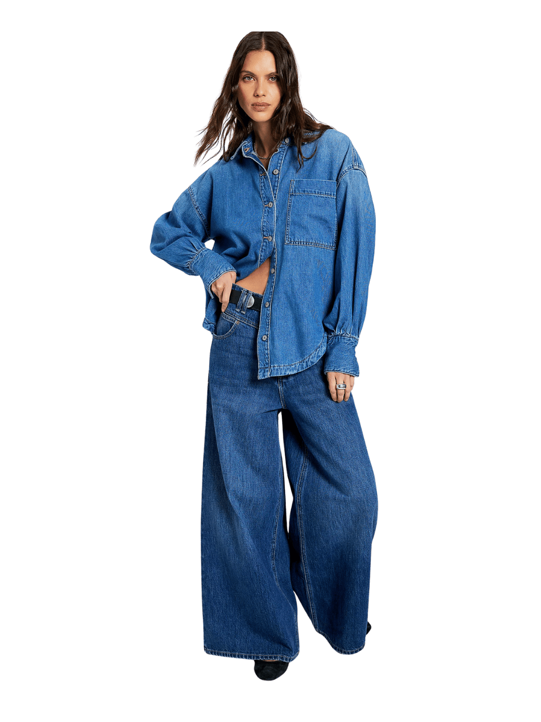 Woman wearing denim button up shirt from Free People We the Free 'Ashley Denim Shirt' in 'Medium Wash' | Twentyseven Toronto