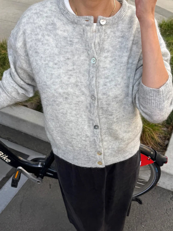Le Bon Shoppe Ayla Mohair Cardigan in Heather Grey styled over a white top with relaxed black trousers | Twentyseven Toronto