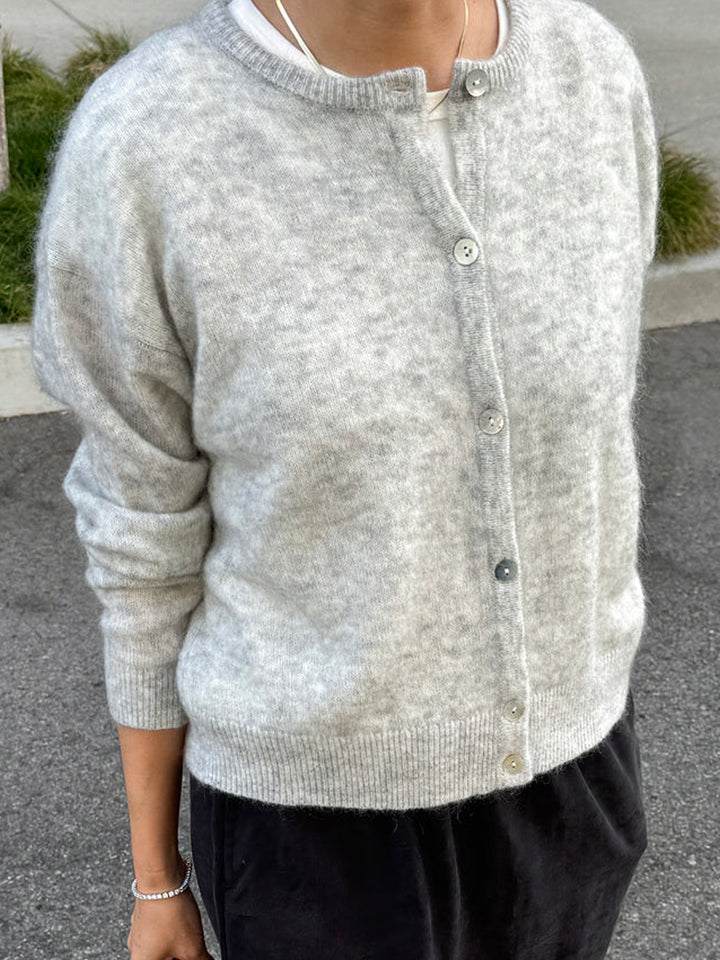 Le Bon Shoppe Ayla Mohair Cardigan in Heather Grey styled with black trousers, showing its soft brushed texture and relaxed fit | Twentyseven Toronto