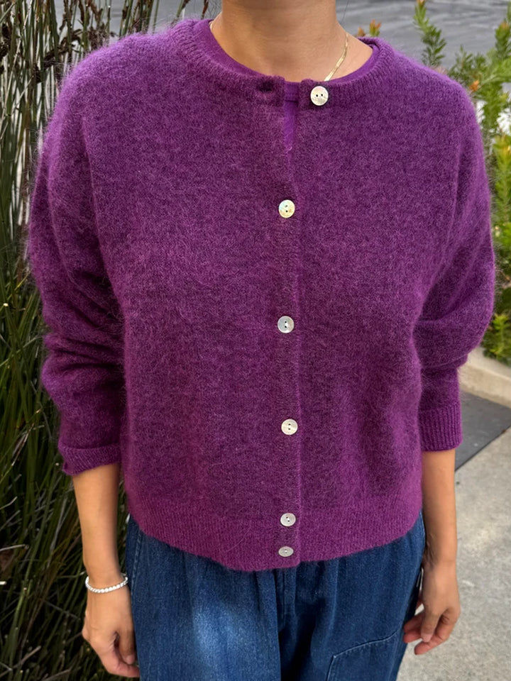 Le Bon Shoppe Ayla Mohair Cardigan in purple styled with relaxed blue denim, showing its soft brushed texture and button front | Twentyseven Toronto