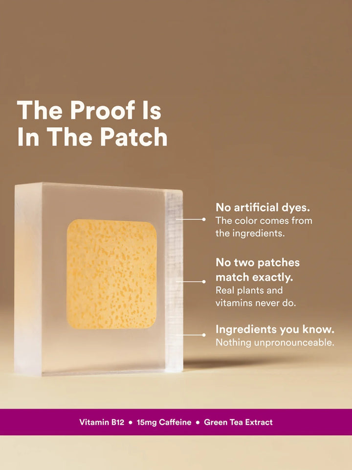 The Good Patch B12 Awake patch highlighting its naturally derived colour and ingredients including vitamin B12, caffeine, and green tea extract | Twentyseven Toronto