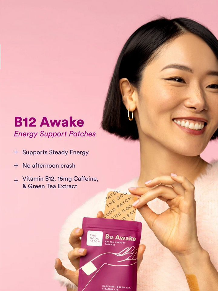 Model holding The Good Patch B12 Awake Energy Support Patches with benefits including steady energy support and no afternoon crash | Twentyseven Toronto