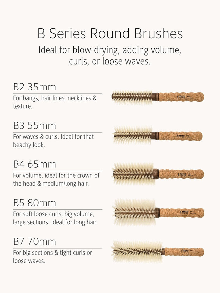Ibiza Hair B Series Round Brush size guide comparing B2, B3, B4, B5 and B7 brushes for different hair lengths and styling results | Twentyseven Toronto