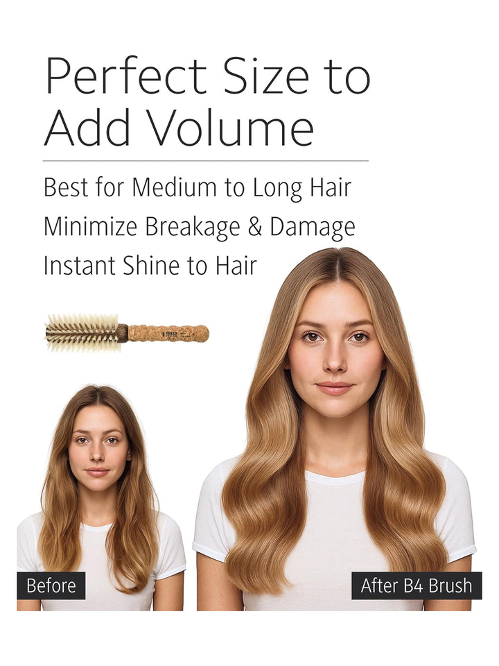 Before-and-after comparison showing long hair styled with the Ibiza Hair B4 Round Brush for added volume, smoothness and shine | Twentyseven Toronto