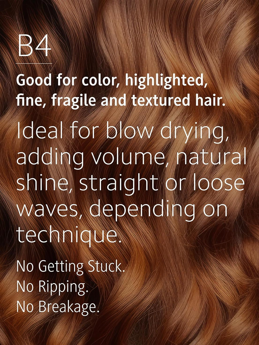 Ibiza Hair B4 Round Brush guide highlighting its use for colour-treated, highlighted, fine, fragile and textured hair, with volume, shine and smoothing benefits | Twentyseven Toronto