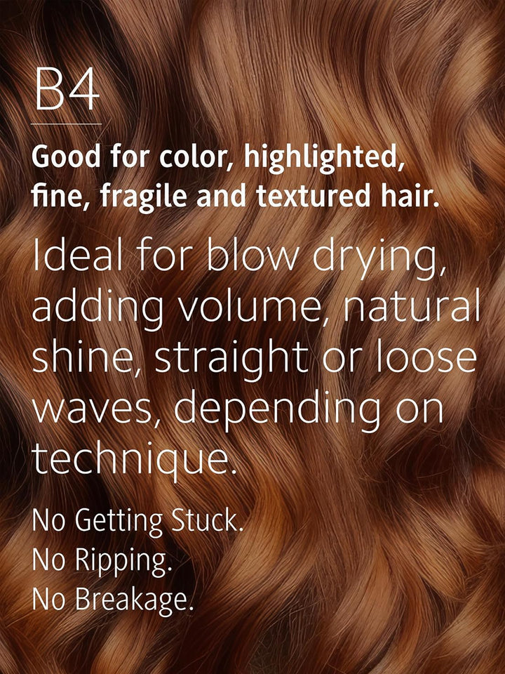 Ibiza Hair B4 Round Brush guide highlighting its use for colour-treated, highlighted, fine, fragile and textured hair, with volume, shine and smoothing benefits | Twentyseven Toronto
