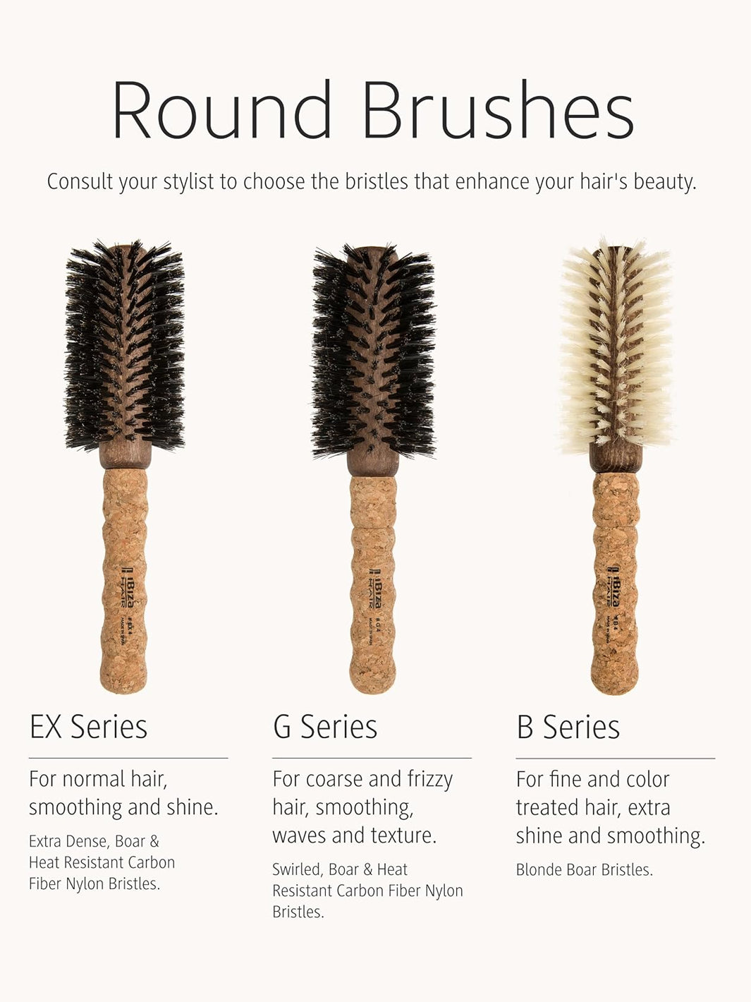 Ibiza Hair round brush guide comparing the EX, G and B Series bristles for different hair types and styling needs | Twentyseven Toronto