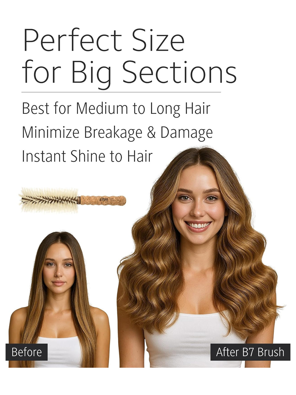 1. Before and after using the Ibiza Hair B7 70mm Round Brush on medium to long hair, showing smooth, shiny, voluminous waves | Twentyseven Toronto