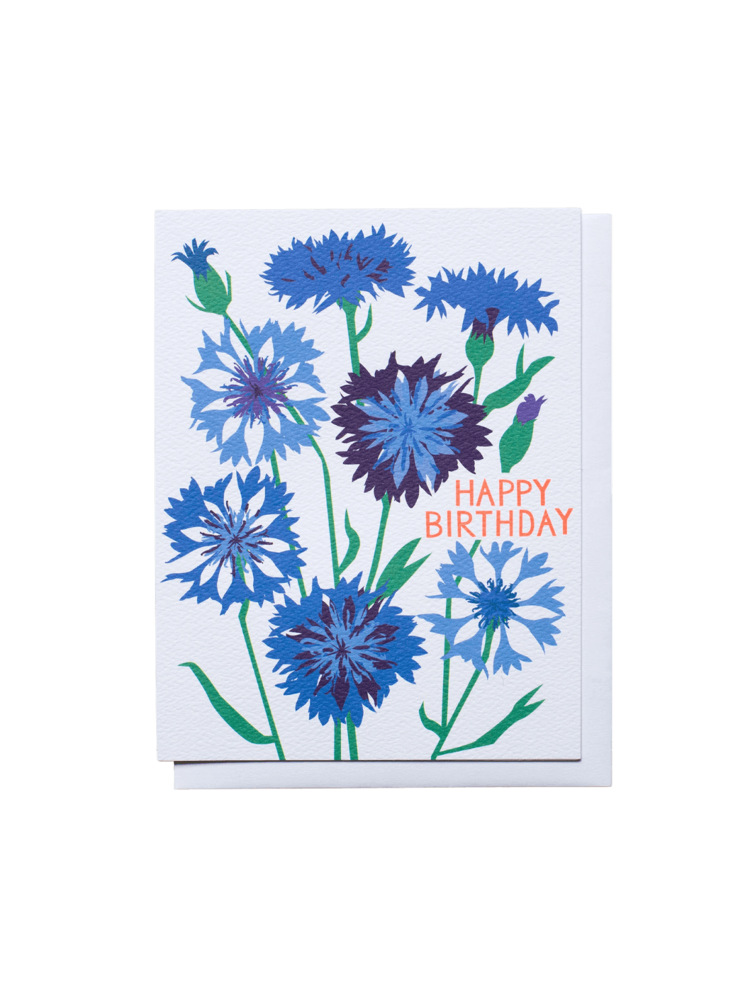 The Banquet Workshop Bachelor's Buttons Birthday Note Card features a beautiful illustration of blue and purple cornflowers on a textured white card with the words "HAPPY BIRTHDAY" printed in bright orange | Twentyseven