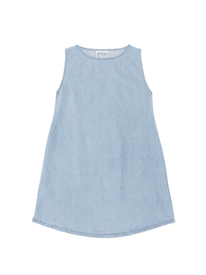 A light blue sleeveless silhouette of the Jungmaven Baez Summer Denim Dress - Light against a transparent background | Twentyseven Toronto