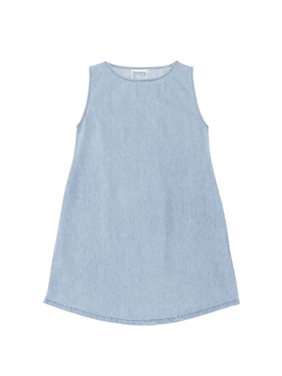 A light blue sleeveless silhouette of the Jungmaven Baez Summer Denim Dress - Light against a transparent background | Twentyseven Toronto