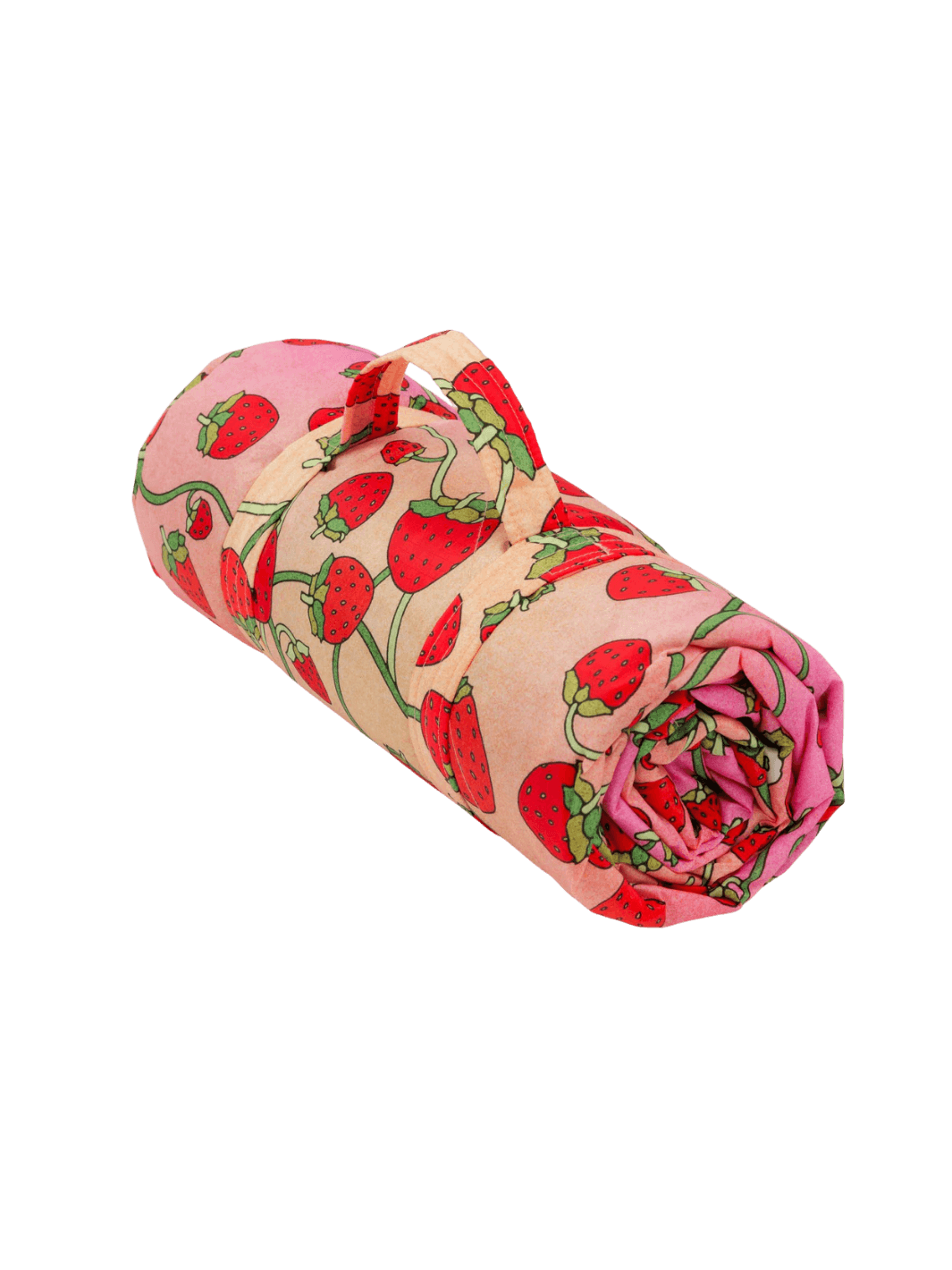 The Baggu Puffy Picnic Blanket in Strawberry Blossom print featuring a pink and peach gradient background layered with an all-over red strawberry and green vine print transparent background | Twentyseven Toronto