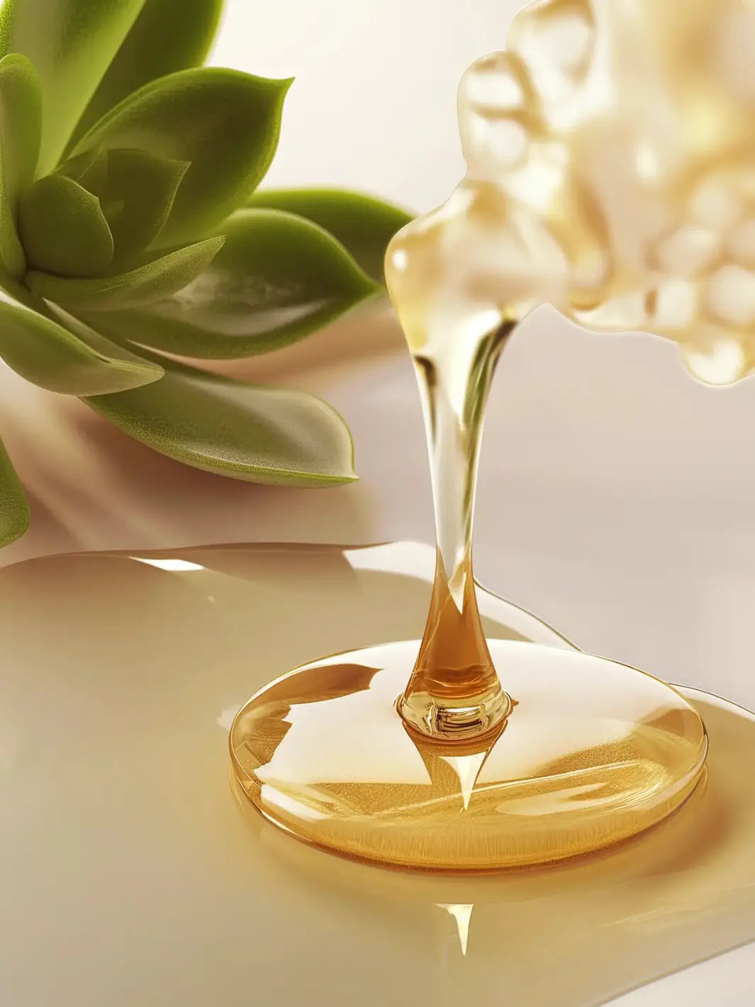 Bain Traitant à la Propolis Leonor Greyl shampoo depicted as a gold-colored dripping liquid with a plant in the background | Twentyseven Toronto