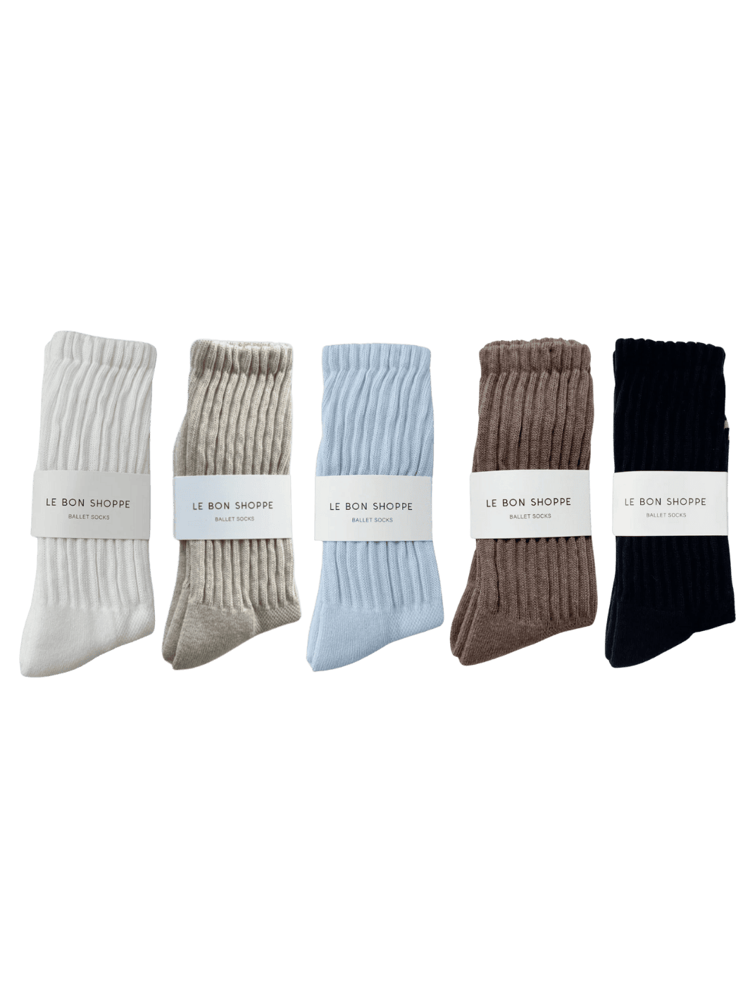Five pairs of Le Bon Shoppe Ballet Socks in 'White', 'Oatmeal', 'Baby Blue', 'Mocha Mousse', 'Black' colours | Twentyseven Toronto