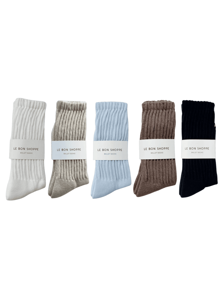 Five pairs of Le Bon Shoppe Ballet Socks in 'White', 'Oatmeal', 'Baby Blue', 'Mocha Mousse', 'Black' colours | Twentyseven Toronto