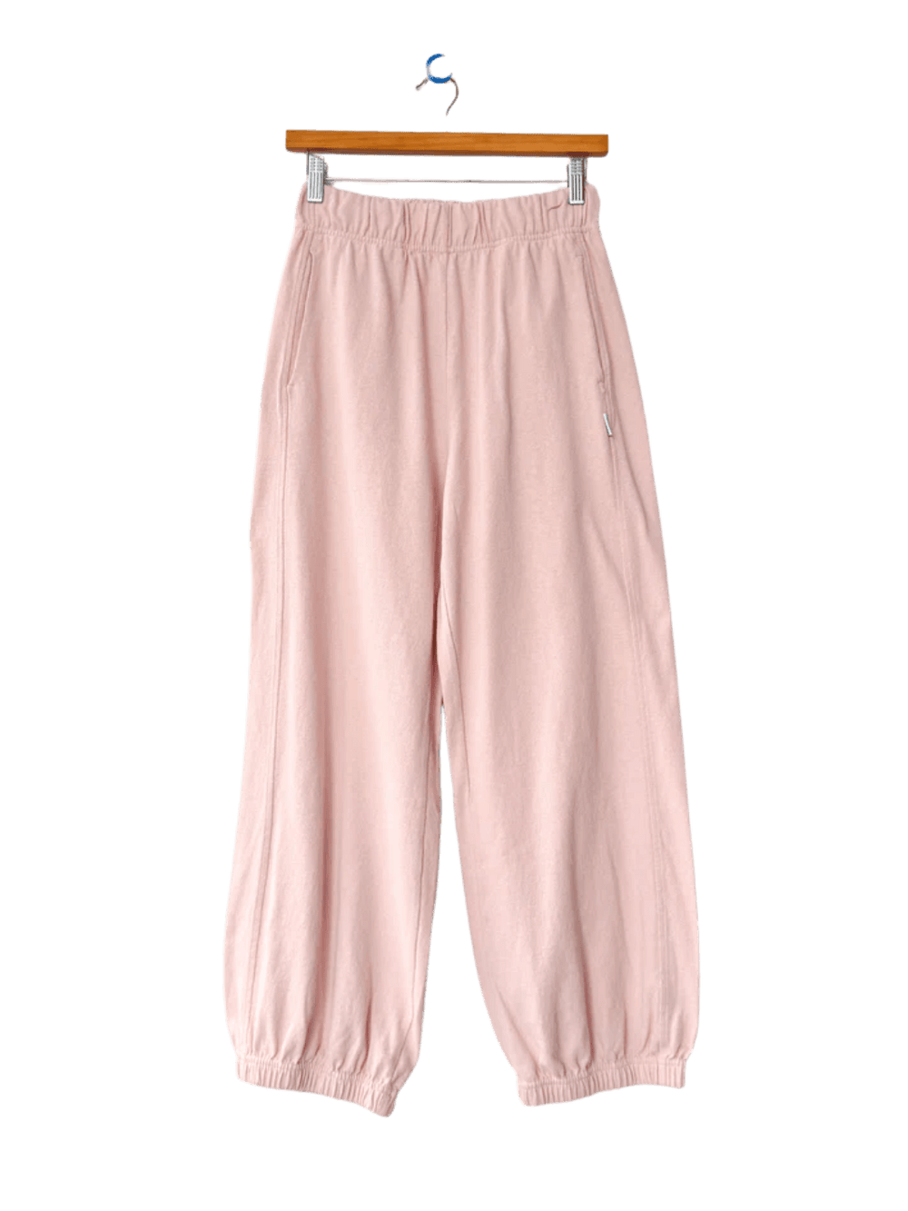 A pair of light pink Le Bon Shoppe Balloon Pants in Baby Pink with a gathered elastic waist and tapered ankle cuffs hangs from a wooden hanger | Twentyseven Toronto