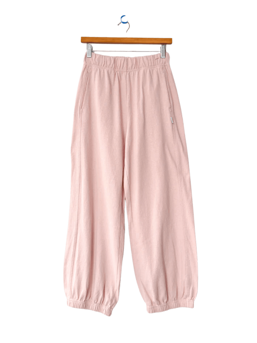 A pair of light pink Le Bon Shoppe Balloon Pants in Baby Pink with a gathered elastic waist and tapered ankle cuffs hangs from a wooden hanger | Twentyseven Toronto