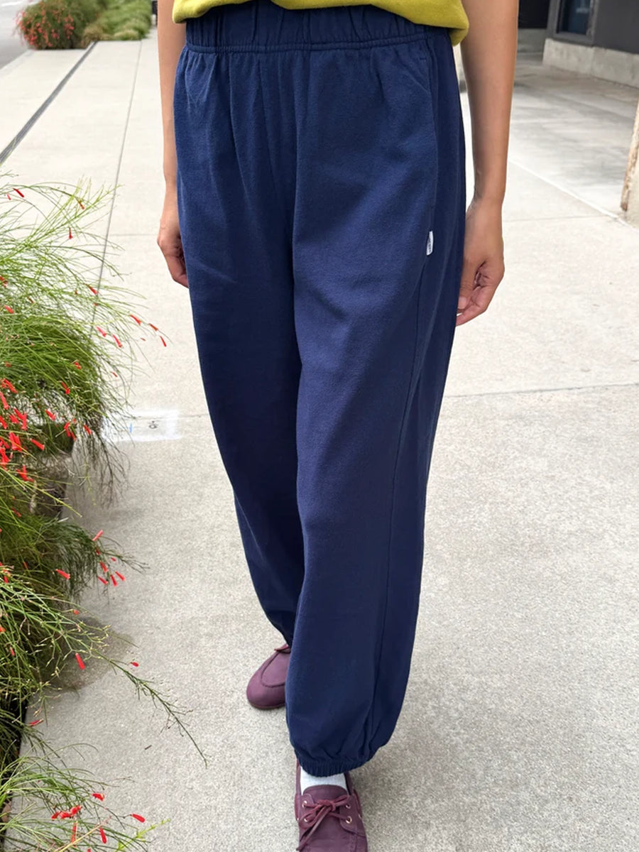 Model wearing the Le Bon Shoppe Balloon Pants in Midnight, showing the relaxed fit and elasticated ankles | Twentyseven Toronto