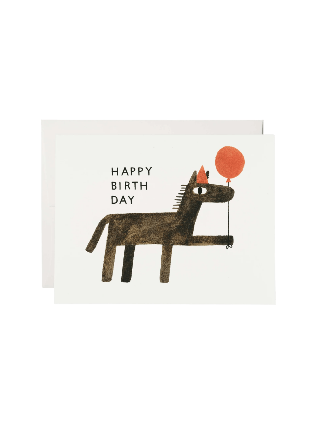 A Balloon Wishes Greeting Card from Red Cap Cards features a minimalist illustration of a dark brown horse wearing a red party hat and holding a red balloon next to the text "HAPPY BIRTH DAY," pictured with a white envelope | Twentyseven Toronto