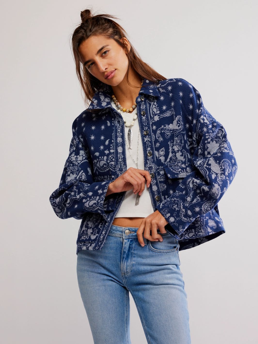 Free People Bandana Jacquard Shirt in Indigo Combo | Twentyseven Toronto
