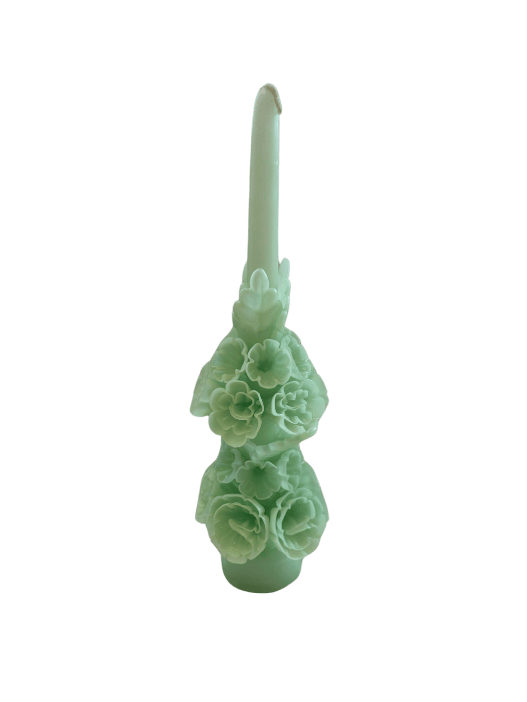 Tall light green floral wax candle called the Banderilla Scaled Candle in Light Green from Cereria de Jesus against a transparent background | Twentyseven Toronto
