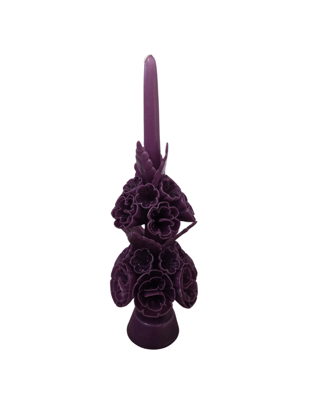 Dark purple floral wax candle called the Banderilla Scaled Candle from Cereria de Jesus against a transparent background | Twentyseven Toronto
