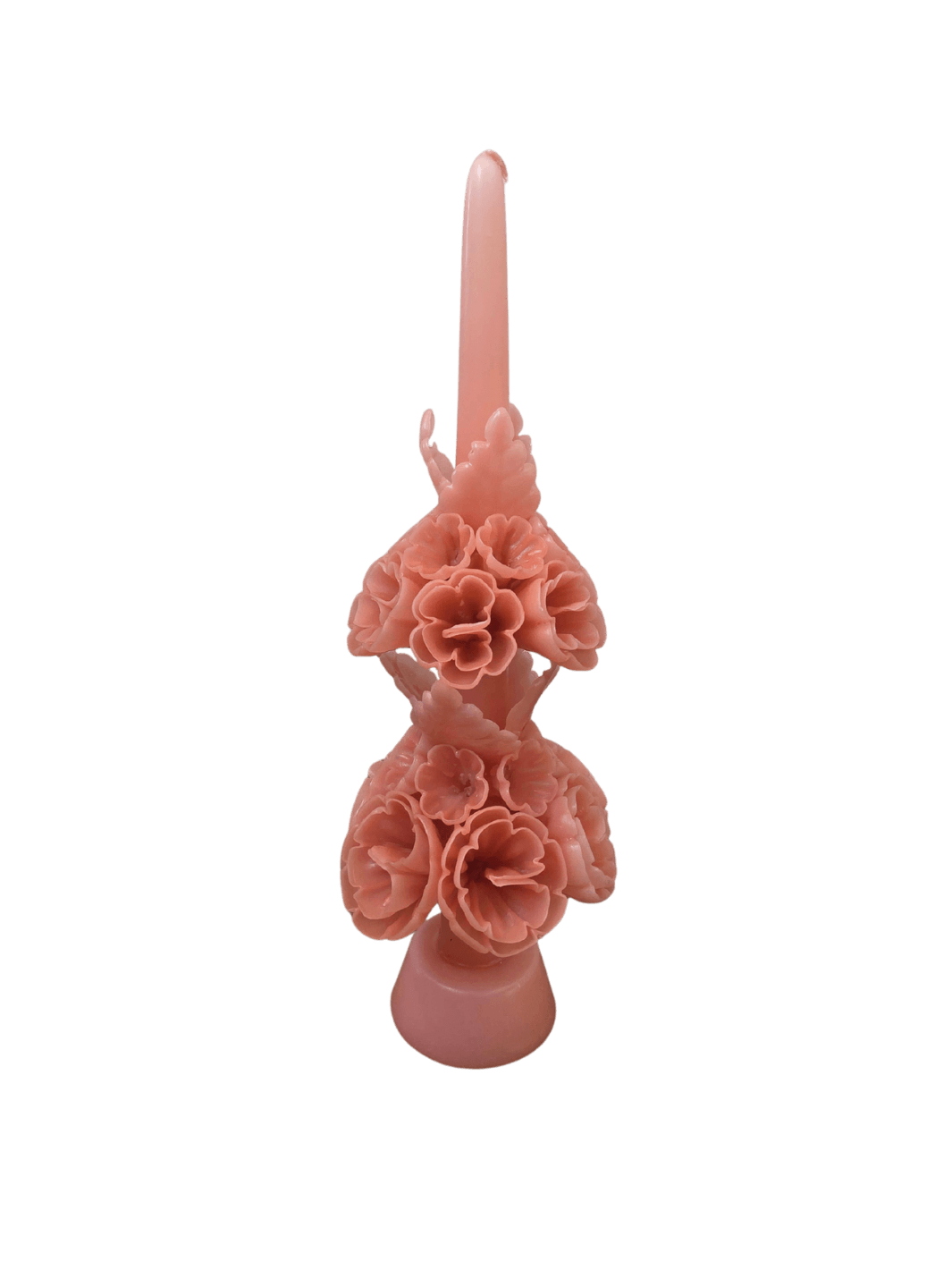 An pink hand-carved Banderilla Scaled Candle in Dusty Rose from Cereria de Jesus features two tiers of intricate wax flowers wrapped around a central taper stem | Twentyseven Toronto