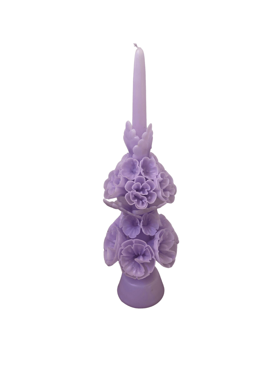 Light purple floral wax candle called the Banderilla Scaled Candle in Lilac from Cereria de Jesus against a transparent background | Twentyseven Toronto