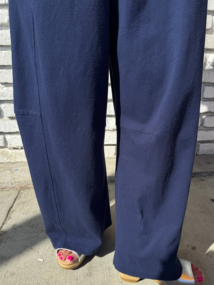 Close-up of Le Bon Shoppe Bare Pants in Midnight, showing the wide-leg silhouette and seam detailing | Twentyseven Toronto