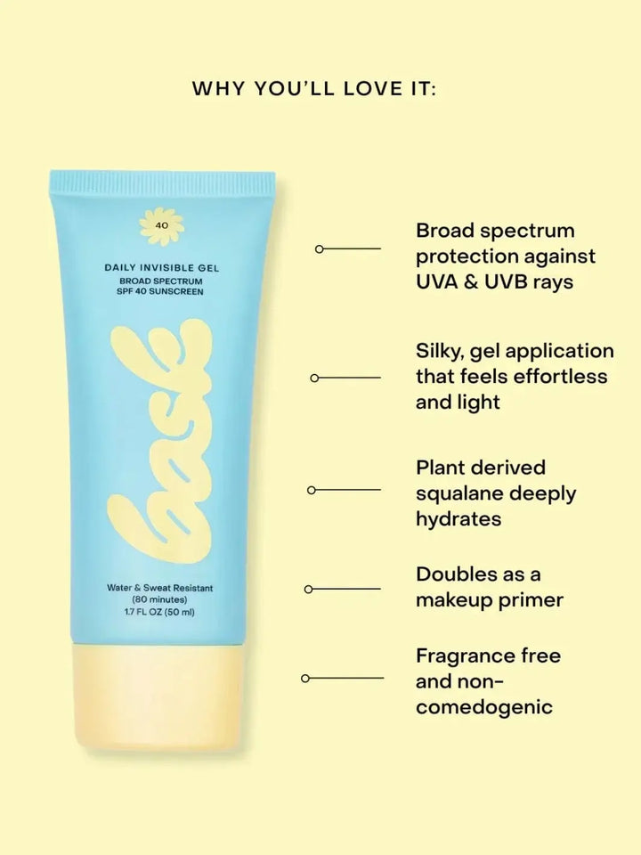 An informational graphic features a light blue tube of Bask Suncare Daily Invisible Gel SPF 40 Sunscreen next to a list of product benefits on a pale yellow background | Twentyseven Toronto