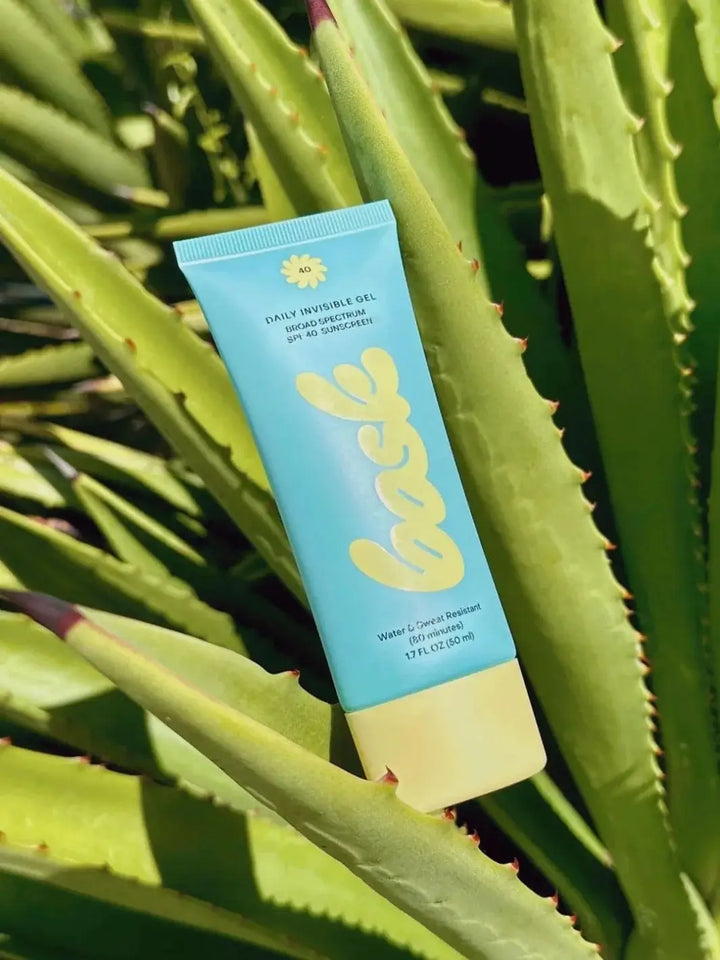 A light blue tube of Bask Suncare Daily Invisible Gel SPF 40 Sunscreen is nestled securely among the thick, green leaves of an aloe vera plant | Twentyseven Toronto