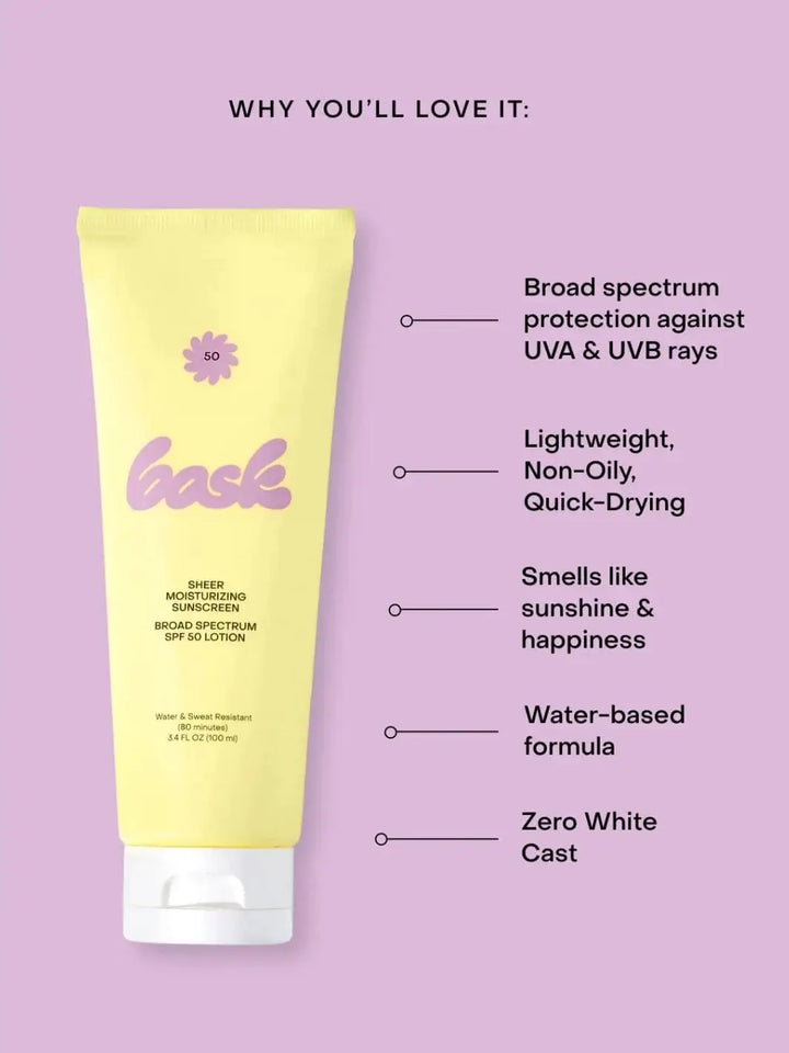 A graphic showcases a yellow tube of Bask Suncare Bask SPF 50 Lotion Sunscreen alongside a list of key benefits on a light purple background | Twentyseven Toronto