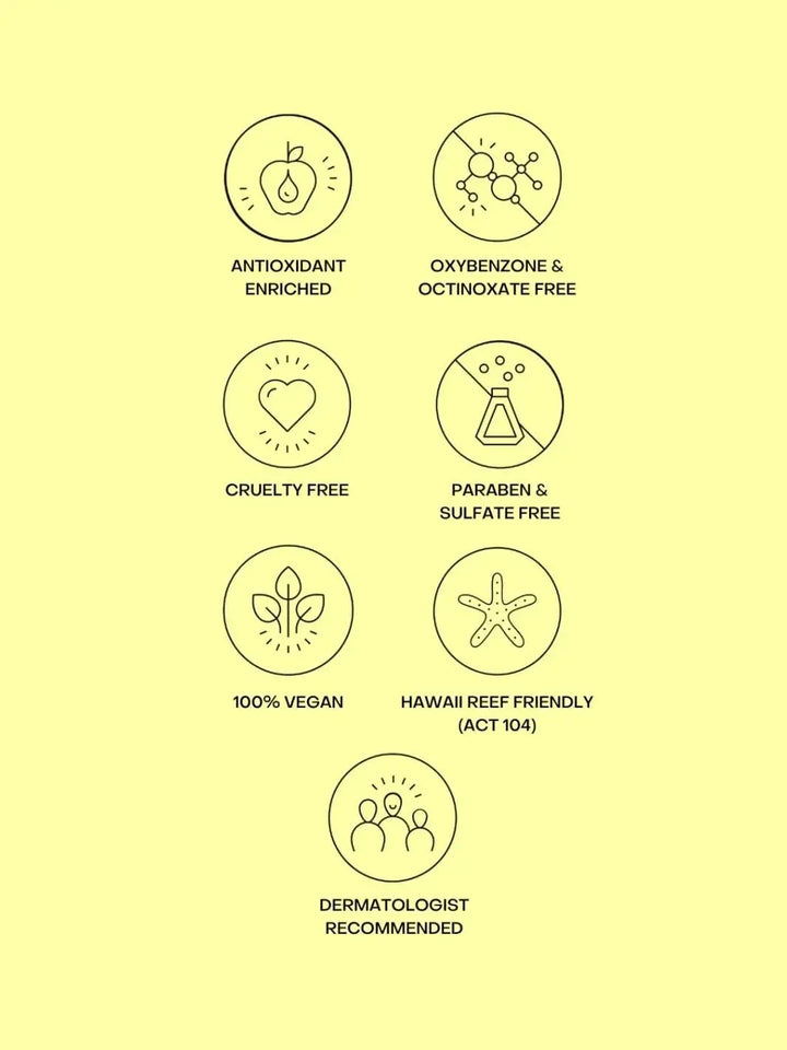 A yellow graphic outlines product certifications in circular icons, highlighting the formula attributes of Bask Suncare Bask SPF 50 Lotion Sunscreen | Twentyseven Toronto