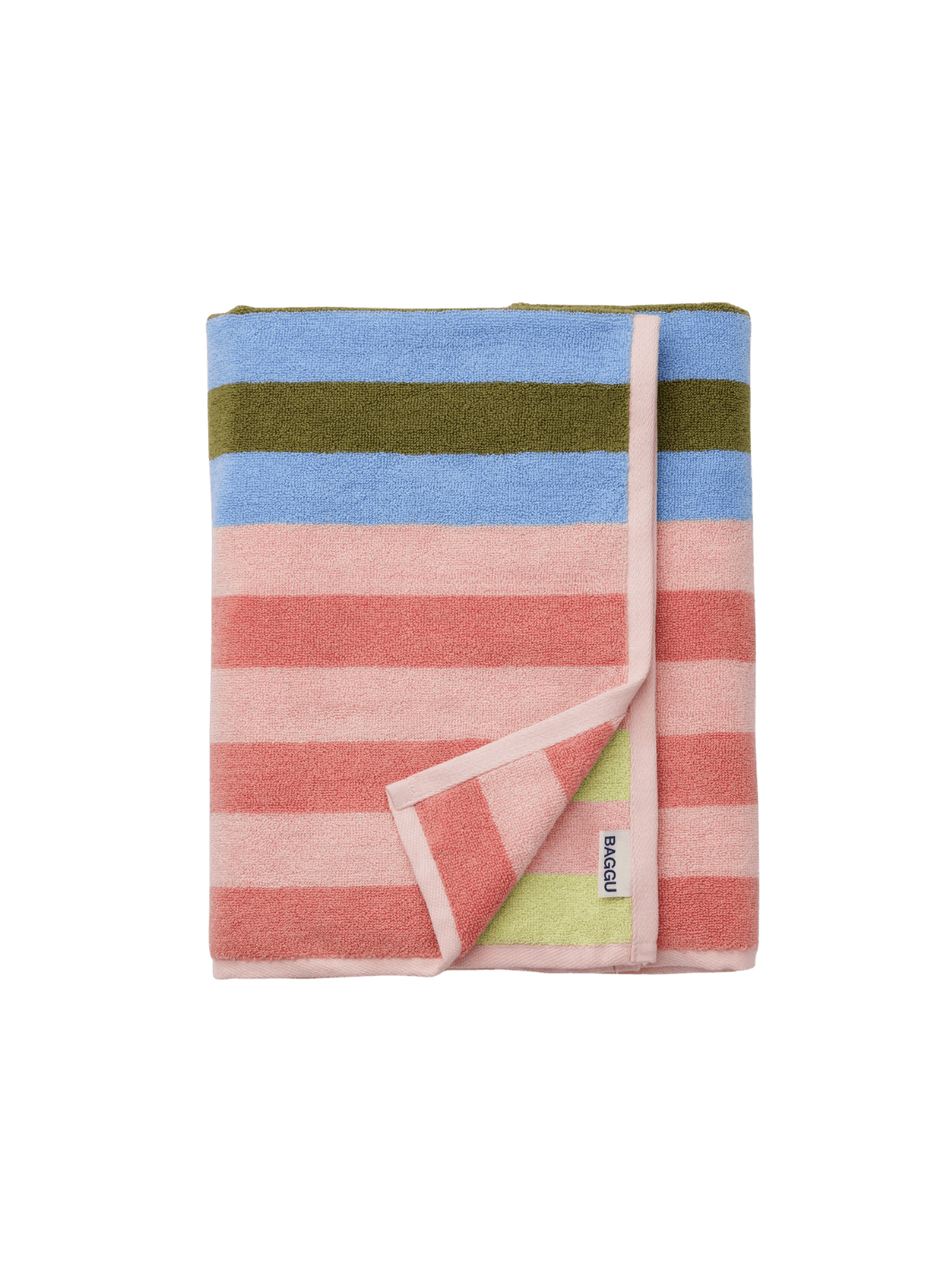 Folded view of the Baggu Bath Towel in Sherbet Stripe featuring plush terrycloth texture and pink, blue, and olive green striped sections | Twentyseven Toronto