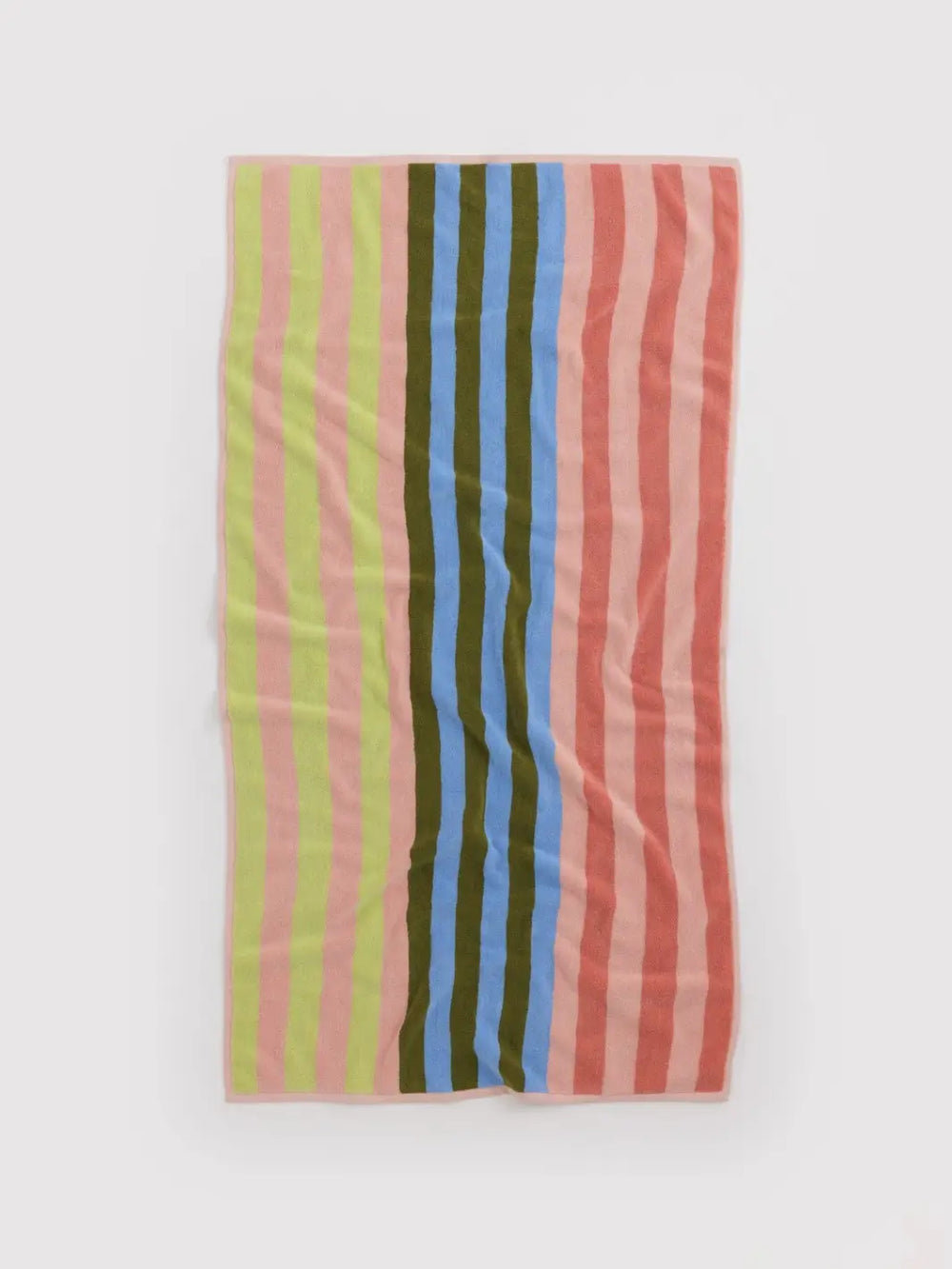 A full-length view of the Baggu Bath Towel in Sherbet Stripe laid flat, showcasing its vibrant vertical stripes in lime, pink, blue, and olive | Twentyseven Toronto