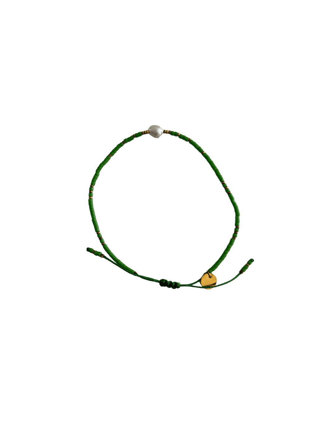 Bracelet with green cord, green and gold beads and single white pearl with gold charm on a transparent background | Twentyseven Toronto