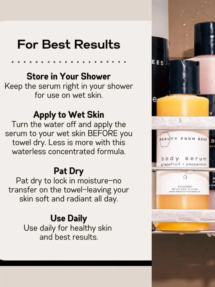 Beauty from Bees Body Serum | Twentyseven Toronto  | Beauty from Bees Body Serum with usage instructions on a white background