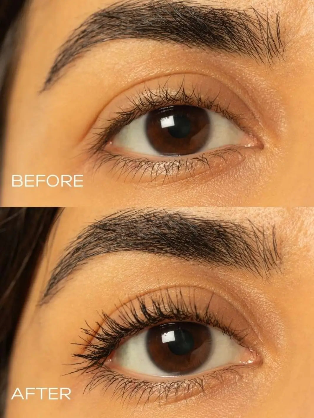 Before and after close-up of an eye demonstrating the lengthening and defining effect of Beauty from Bees Mascara in Black | Twentyseven