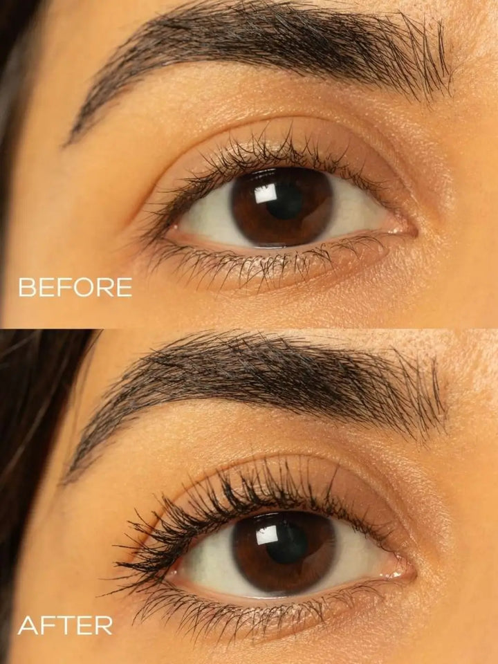 Before and after close-up of an eye demonstrating the lengthening and defining effect of Beauty from Bees Mascara in Black | Twentyseven