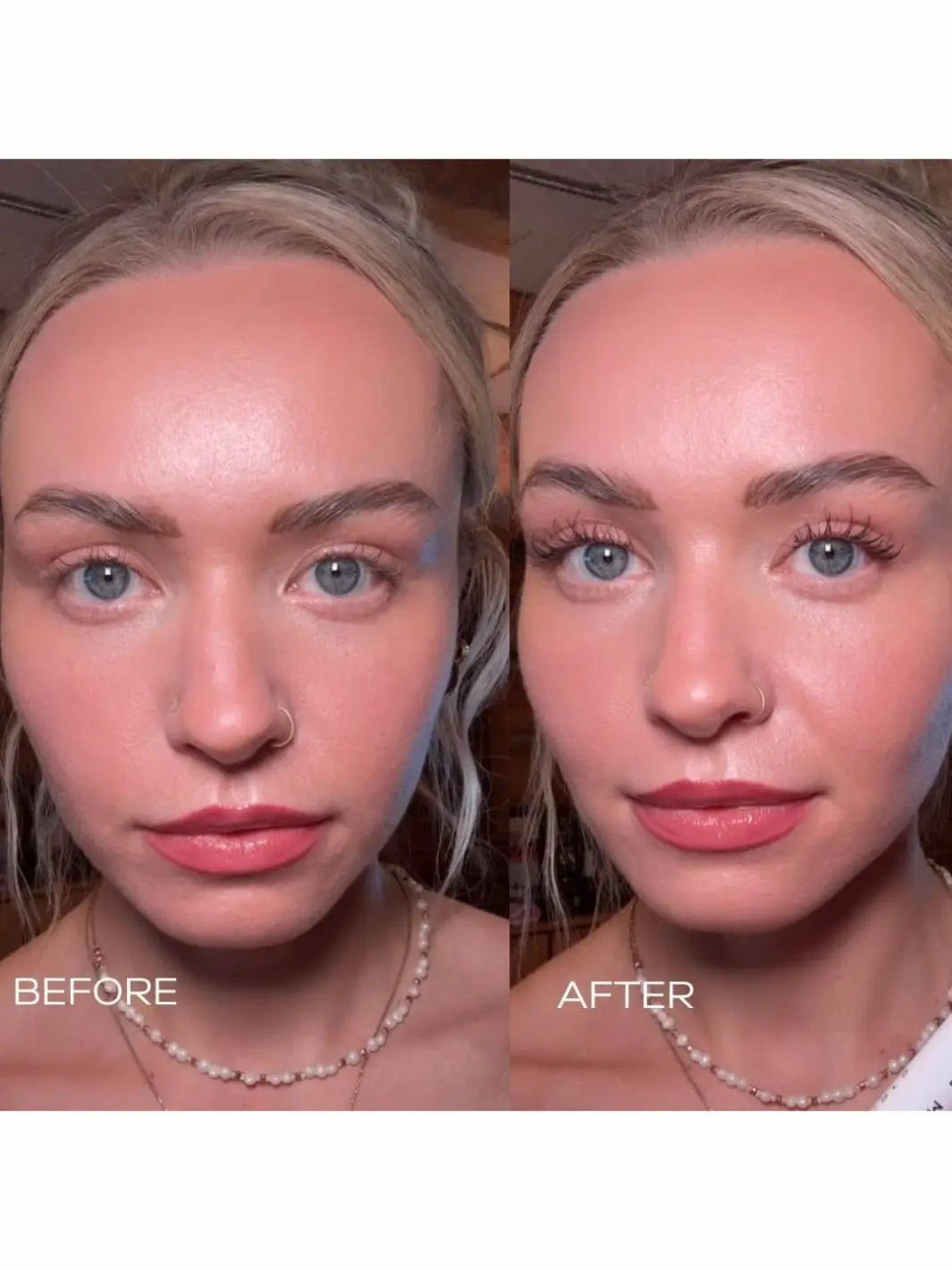Side-by-side comparison photos showing a woman before and after applying Beauty from Bees Mascara in Black | Twentyseven
