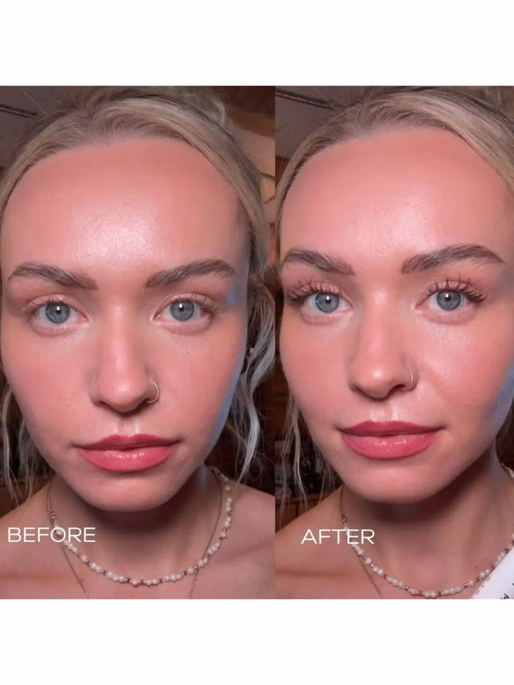 Side-by-side comparison photos showing a woman before and after applying Beauty from Bees Mascara in Black | Twentyseven